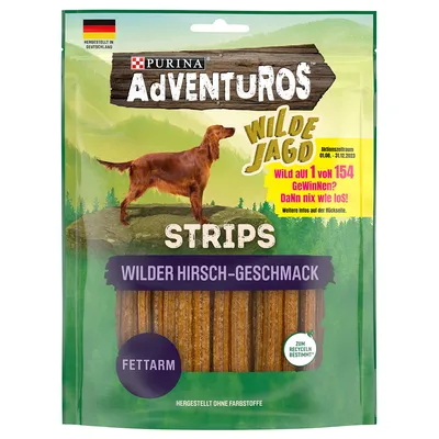 Purina Adventuros Strips, goût wilder Hirsch-Geschmack, fettarm, fabriqué en Allemagne, sans colorants. Texte promotionnel en allemand : Wilde Jagd, concours du 01.08–31.12.2023.