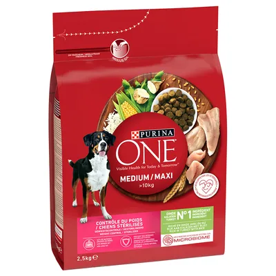 Sac Purina ONE Medium/Maxi >10 kg, contrôle du poids chiens stérilisés, dinde ingrédient n°1, riche en dinde avec du riz, 2,5 kg. Texte : microbiome, visible health for today & tomorrow.