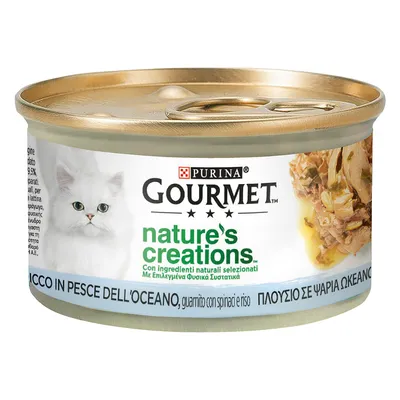 Purina Gourmet Nature's Creations, bohaté na mořské ryby, s špenátem a rýží. Konzerva s motivem kočky.