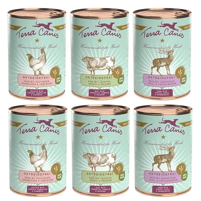 Terra Canis cibo umido per cani, senza cereali. Varianti: pollo con pastinaca, manzo con zucchine, selvaggina con patate. 100% naturale, cucina casalinga per cani.