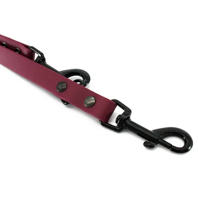 Mørkerødt hundesnor med sorte metalkarabinhager og nitter.