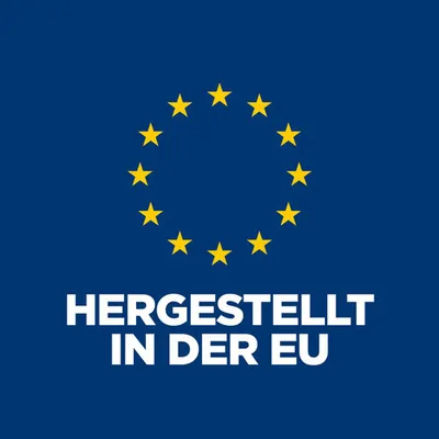 Hergestellt in der EU, umgeben von einem Kreis aus gelben Sternen auf blauem Hintergrund.