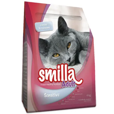 Pienso para gatos Smilla Adult Sensitive, 4 kg. Texto visible: 'sensible Verdauung', 'Finest Healthy Nutrition', 'Sensitive', 'Scientifically advanced Made in Germany'.