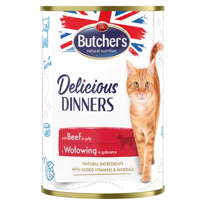 Butcher's Delicious Dinners z wołowiną w galaretce, naturalne składniki z witaminami i minerałami, puszka z wizerunkiem kota. Tekst po angielsku i polsku.