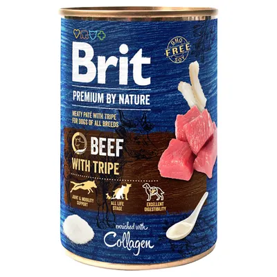 Brit Premium by Nature Beef with Tripe, meaty paté mit Kutteln, angereichert mit Kollagen, GMO-frei, Soja-frei, für alle Lebensphasen, ausgezeichnete Verdaulichkeit.