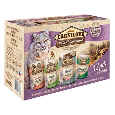 Упаковка Carnilove Wild-Origin Fillets для кошек, 12×85 г. Варианты: Turkey, Duck, Trout, Pheasant. Без зерна, без сахара. Таблица кормления и состав на упаковке.