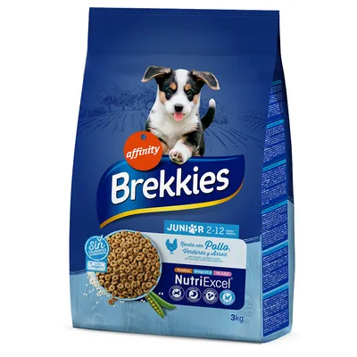 Sac de croquettes pour chiot Brekkies Junior 2–12 mois, recette avec poulet, légumes et riz, NutriExcel, 3 kg. Marque affinity. Texte en espagnol sur l'emballage.