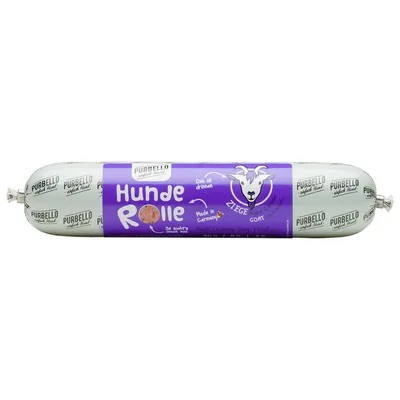 PURBELLO rolka pre psov koza, vyrobené v Nemecku, vysokokvalitné krmivo pre psov. Balenie s fialovým dizajnom a motívom kozy.