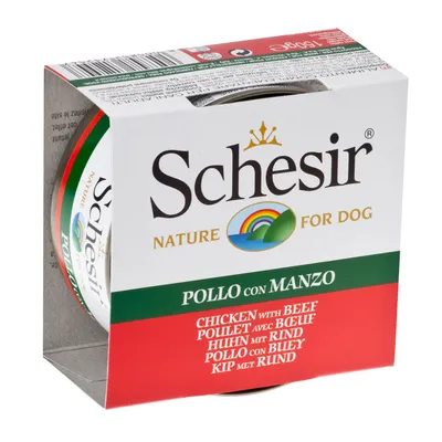 Schesir Nature for Dog, kana ja naudanliha. Pakkaus, jossa monikielinen tuotekuvaus.