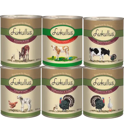 Lukullus koiran märkäruoka, 6 erilaista makua: kaniini & riista, vasikka, nauta & kalkkuna, siipikarja & lammas, villikaniini & kalkkuna, kalkkunansydän & hanhi, 800 g purkit.