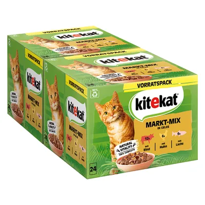 Kitekat MARKT-MIX in Gelee, Vorratspack 24 komada: 12x mit Rind, 6x mit Huhn, 6x mit Lachs. Natural Vitality 100% complete. Zelena kutija s narančastom mačkom.