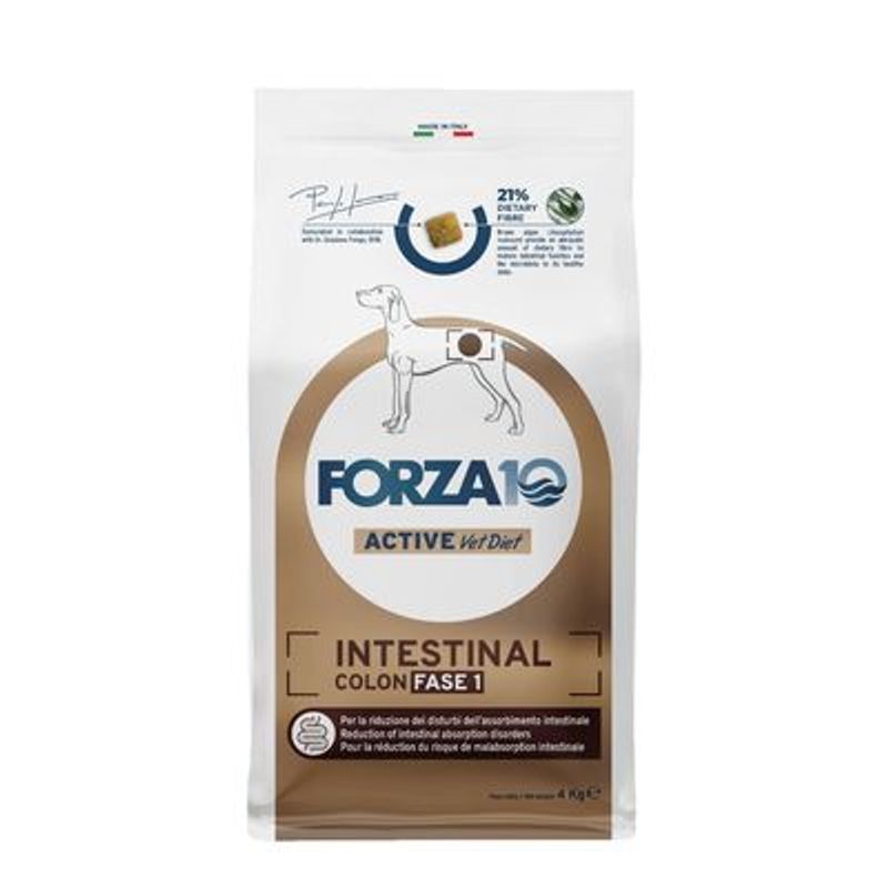 FORZA10 Active Vet Diet Intestinal Colon Fase 1 hondenvoer, 21% dietary fiber, zak van 4 kg. Tekst in Engels en Italiaans zichtbaar op verpakking.