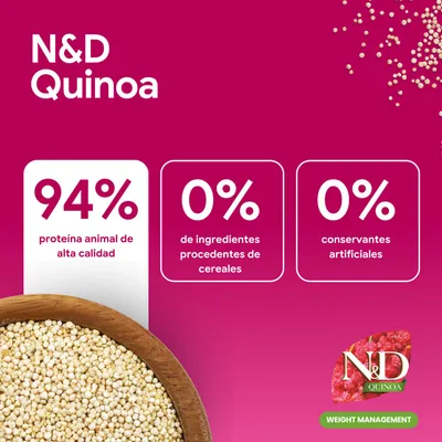 N&D Quinoa. 94% proteína animal, 0% ingredientes de cereales, 0% conservantes artificiales. Control de peso.