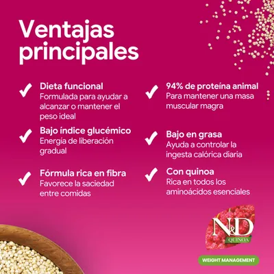 Principales ventajas: dieta funcional, índice glucémico bajo, fórmula rica en fibra, 94% proteína animal, bajo en grasa, con quinoa. N&D Quinoa Weight Management.