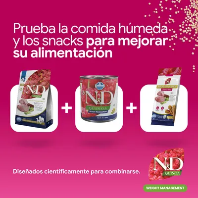 N&D Quinoa Weight Management pienso, comida húmeda y snacks. Desarrollado científicamente para combinar y ofrecer una mejor nutrición.