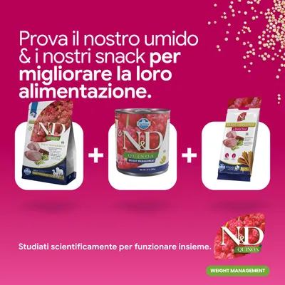 N&D Quinoa Weight Management crocchette, alimento umido e snack. Sviluppati per migliorare insieme l'alimentazione. Testati scientificamente. N&D Quinoa Weight Management crocchette, alimento umido e snack. Sviluppati per migliorare insieme l'alimentazione. Testati scientificamente.