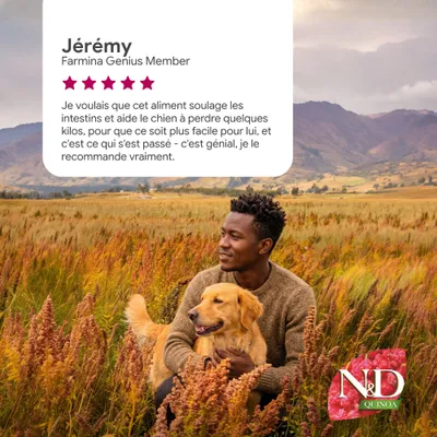 Jérémy, Membre Farmina Genius, 5 étoiles. Avis : L'aliment aide le chien à perdre du poids et à la digestion, je le recommande vraiment. Jérémy, Membre Farmina Genius, 5 étoiles. Avis : L'aliment aide le chien à perdre du poids et à la digestion, je le recommande vraiment.
