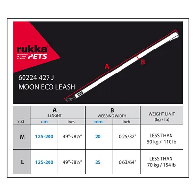 rukka Pets Moon Eco Leash, Grössen M und L. Länge 125-200 cm, Breite 20 mm (M) oder 25 mm (L). Gewichtslimit: unter 50 kg (M) oder 70 kg (L).