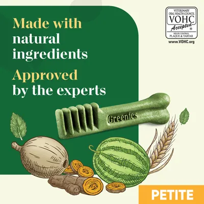 Made with natural ingredients, approved by the experts. VOHC accepted for plaque and tartar control. Greenies dental chew shown with illustrated ingredients. Petite size.