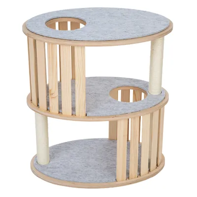 Arbre à chat rond à trois niveaux, structure en bois clair avec surfaces grises et deux poteaux recouverts de corde. Deux ouvertures circulaires visibles sur les plateaux supérieurs.