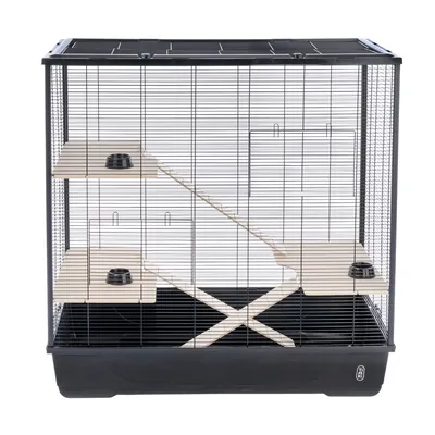 Small animal cage with metal grid walls, three wooden levels with ramps and feeding bowls, black plastic base.