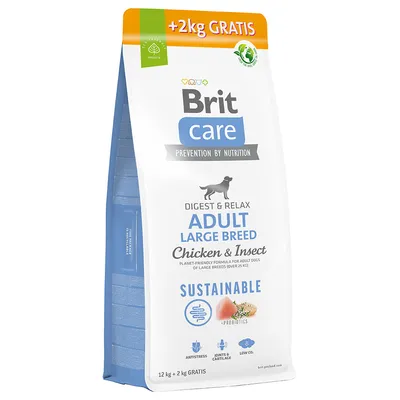 Brit Care Digest & Relax Adult Large Breed Chicken & Insect, bæredygtigt hundefoder til store racer, 12 kg + 2 kg gratis, med probiotika, antistress, skånsom for led, lavt fedtindhold.