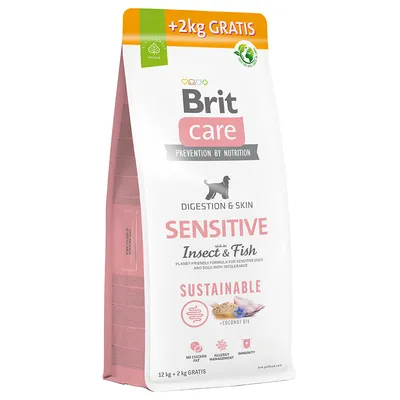 Brit Care Sensitive Digestion & Skin dog food with insects and fish, sustainable, without chicken fat, for allergy management and immunity. 12 kg + 2 kg free.