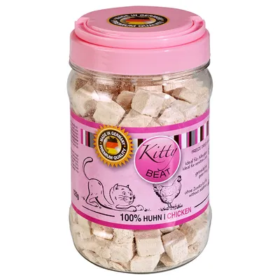 Bocal de friandises pour chat Kitty Beat, 100 % Huhn Chicken, couvercle rose, label Made in Germany Premium Quality visible sur l’étiquette.