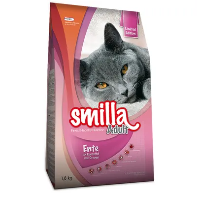 Smilla Adult Ente an Kartoffel und Orange, Limited Edition, 1,8 kg. Na obalu je šedá kočka a text Finest Healthy Nutrition.