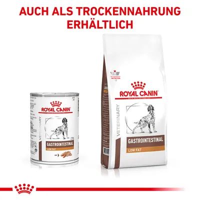 Royal Canin Gastrointestinal Low Fat, dostupno kao mokra i suha hrana. Pakiranja s prikazom psa i vidljivim detaljima proizvoda.