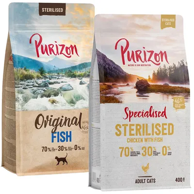 Purizon Katzenfutter für sterilisierte Katzen. Varianten: Original Fish und Specialised Sterilised Chicken with Fish. Proteinanteil 70%, Gemüse 30%, Getreide 0%. Packungsgrösse 400g.