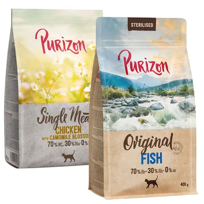 Purizon Katzenfutter. Single Meat Chicken mit Kamillenblüten und Original Fish für sterilisierte Katzen. 70% Fleisch & Fisch, 30% Gemüse, 0% Getreide. Packungsgrösse: 400g.