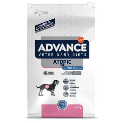 Pakiranje Advance Veterinary Diets Atopic Mini with Trout, 7,5 kg. Istaknuto: prirodni antioksidansi, klinički dokazano, smanjuje svrbež, obnavlja kožnu barijeru, kontrola atopije.