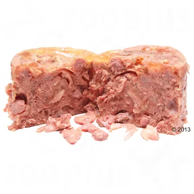 Mokra hrana za kućne ljubimce, prikazan presjek kompaktnog mesa s vidljivim komadima i želeom. Bez ambalaže ili oznaka brenda.