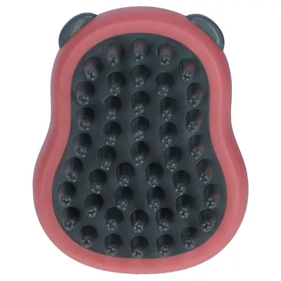 Handbürste mit roten Gummirändern und schwarzen Noppen für Fellpflege.