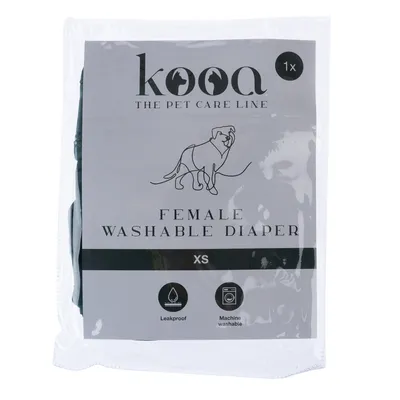 kooa pannolino lavabile per femmine XS, impermeabile e lavabile in lavatrice. Confezione con disegno di cane e dettagli del prodotto.