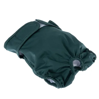 Pannolino verde per cani con aperture elastiche per le zampe e chiusura in velcro, adatto per uso riutilizzabile.
