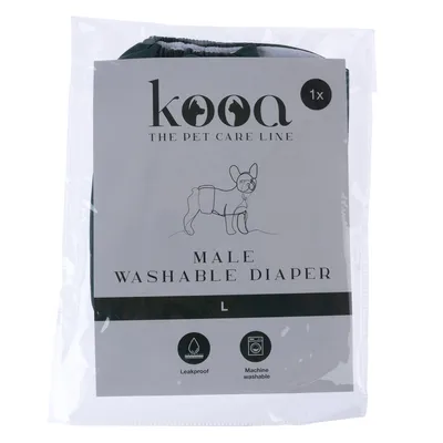 kooa Male Washable Diaper Grösse L, auslaufsicher und maschinenwaschbar. Verpackung zeigt Illustration eines Hundes mit Windel.