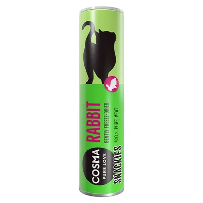 Cosma Snackies Rabbit, varsamt frystorkat, 100 % rent kött. Grön förpackningsdesign med svart kattsilhuett och vitt kaninsymbol.