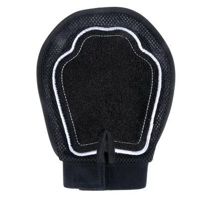 Black grooming glove with mesh material and hook-and-loop fastener, suitable for coat care.