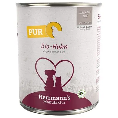Blik Herrmann's Manufaktur PUR Bio-Huhn, tekst: Kreativ Mix, voor honden & katten, afbeelding hond en kat met hart, BIO-keurmerk zichtbaar.