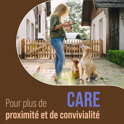 Pour plus de CARE, proximité et de convivialité. Texte en français avec le mot 'CARE' en bleu, visible sur l’image.