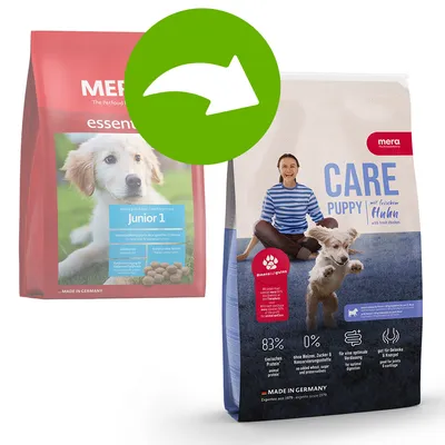 Mera Care Puppy és Mera Essential Junior 1 kutyatáp csomagolás, látható márkanév, terméknév, főbb összetevők: friss csirke, 83% állati fehérje, 0% búza, cukor, tartósítószer. Made in Germany.