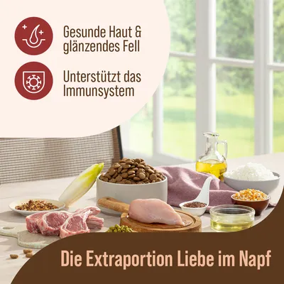 Gesunde Haut & glänzendes Fell, unterstützt das Immunsystem. Die Extraportion Liebe im Napf mit Zutaten wie Huhn, Lamm, Reis, Öl und Gemüse.