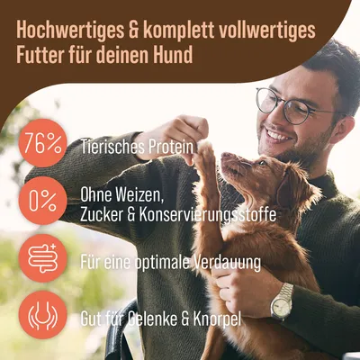 Hochwertiges und vollwertiges Hundefutter: 76% tierisches Protein, ohne Weizen, Zucker und Konservierungsstoffe, fördert Verdauung sowie Gelenke und Knorpel.
