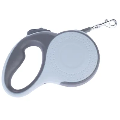 Grå og lyseblå rulleline med ergonomisk greb og metalkarabinhage.