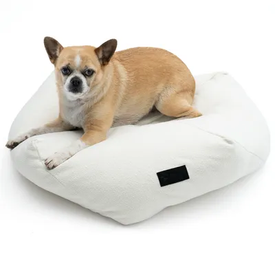 Perro pequeño tumbado en una cama para mascotas blanca y acolchada con etiqueta de marca negra.