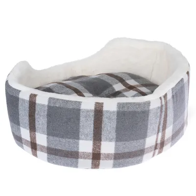 Round pet bed with grey and brown check pattern, soft white inner padding.
