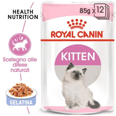Royal Canin Kitten, confezione da 12 buste da 85 g. Testi visibili: Health Nutrition, Sostegno alle difese naturali, Gelatina. Immagine di un gattino e crocchette in gelatina.