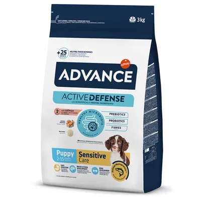 Advance Active Defense Sensitive Care Puppy 2-15 mesi, con salmone e riso, prebiotici, probiotici, senza coloranti artificiali, supporta digestione, sviluppo cerebrale e crescita ossea.